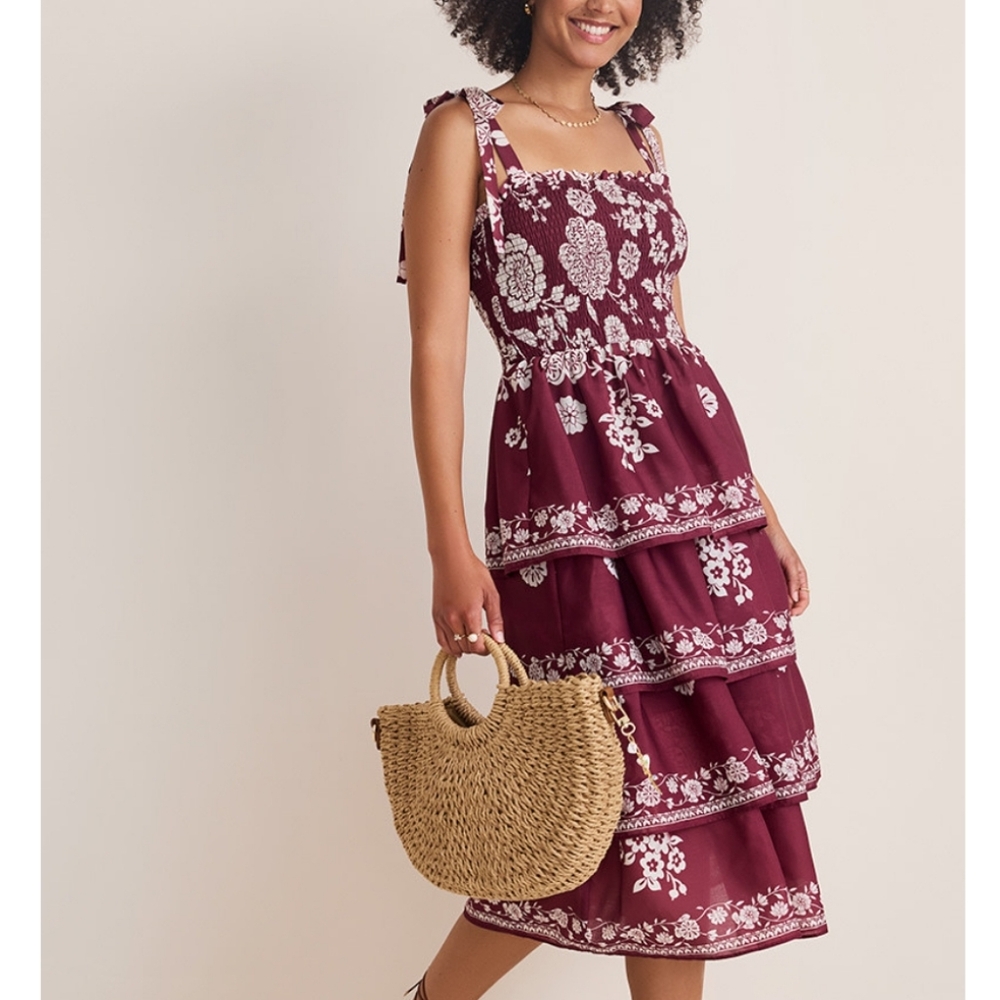 Francesca's Dress NWT Brown Red Size S Midi Floral Smocking Tiered Shoulder Ties